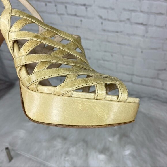 Prada Women\'s‎ Tan Neutral Caged Criss Cross Designer Sandal Heels EU 37.5/US 7
